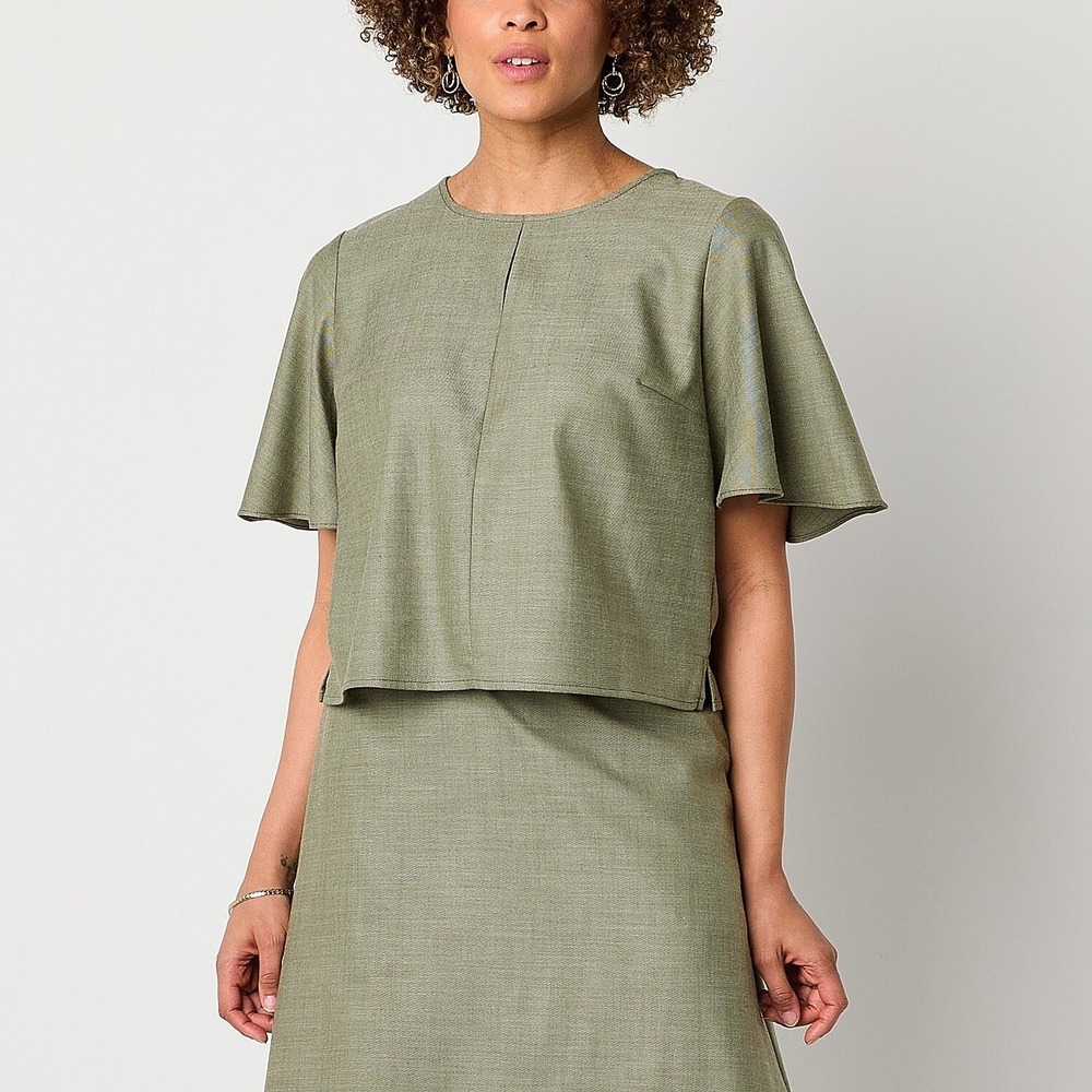 MSRP $44 Liz Claiborne Womens M Olive Grove Round Neck Elbow Sleeve Crop Top